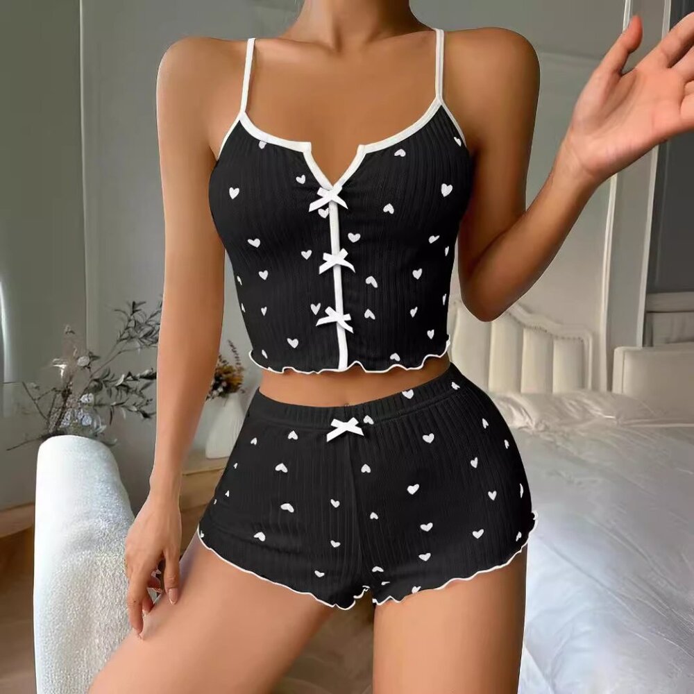 2/$40 2 PC Heart Prints Black Pajama Set Bow Tank Top Shorts Slim Sleeveless Pj